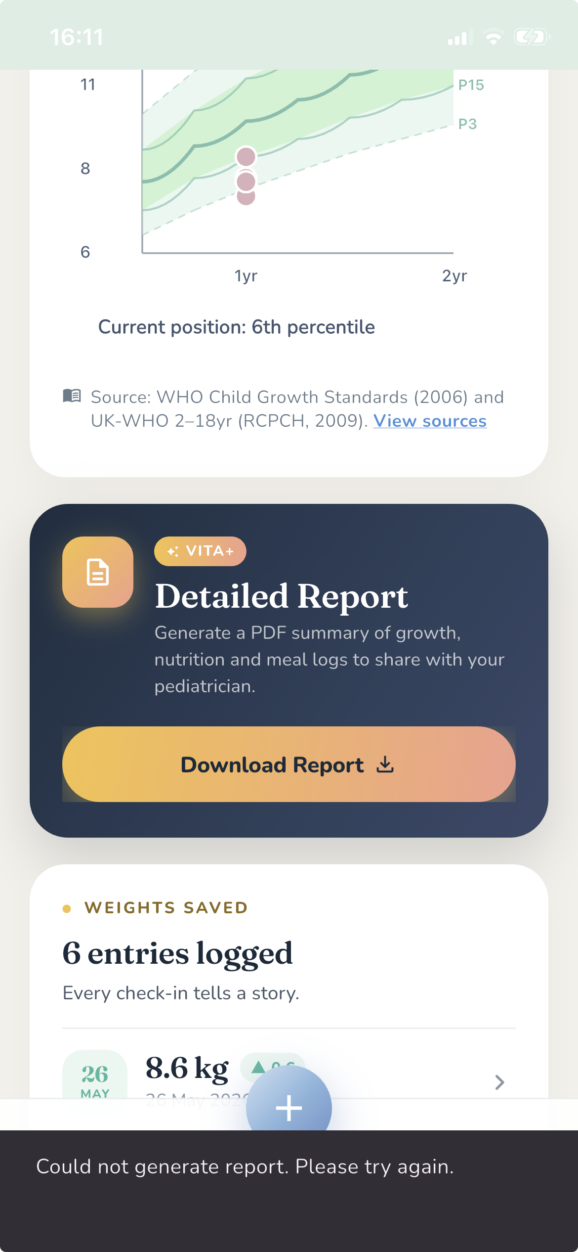 VitaBaby growth chart with a detailed report
