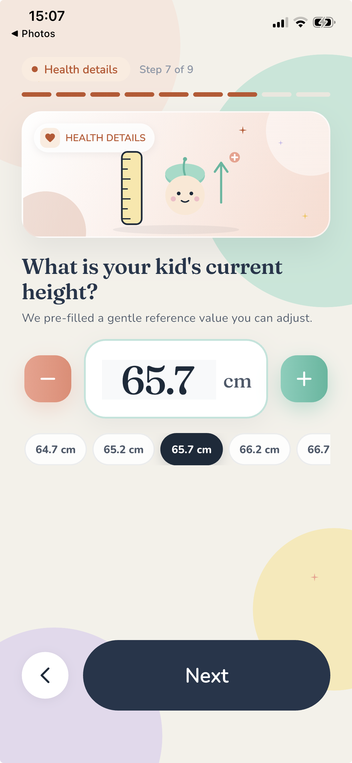 VitaBaby onboarding — health details, child's height