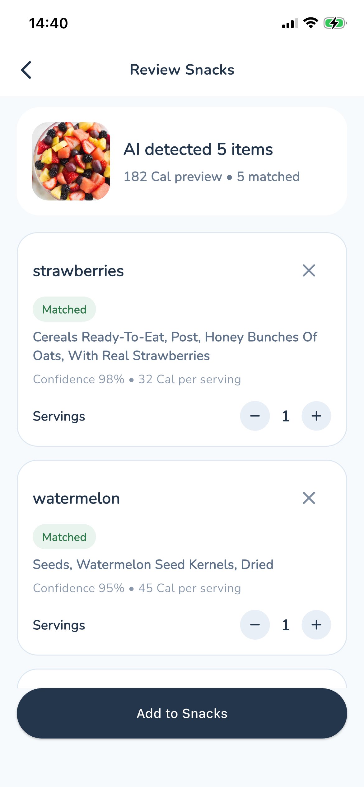 VitaBaby snack review screen showing AI-detected items with confidence scores